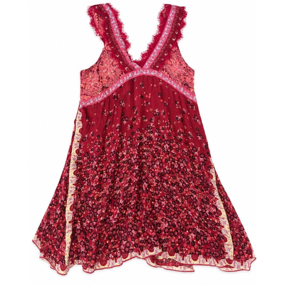 Free People Boho Floral Paisley Midi Dress Burgundy Pink Lace Handkerchief Hem
